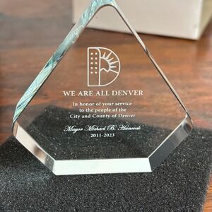 Denver Mayor Michael B Hancock We Are All Denver Glass Award 2011-2023 Boxed